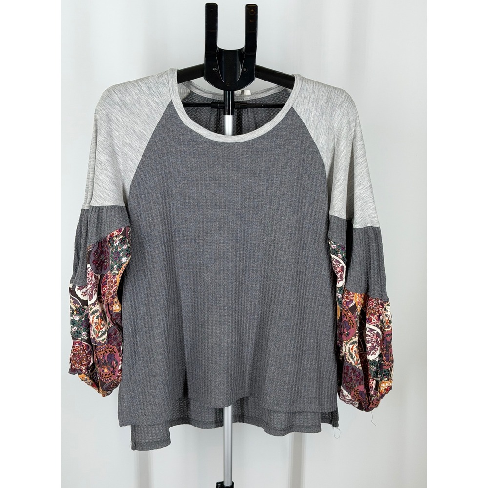 Umgee USA Women Gray Waffle Knit Paisley Bell Sleeve Boho Top Size M